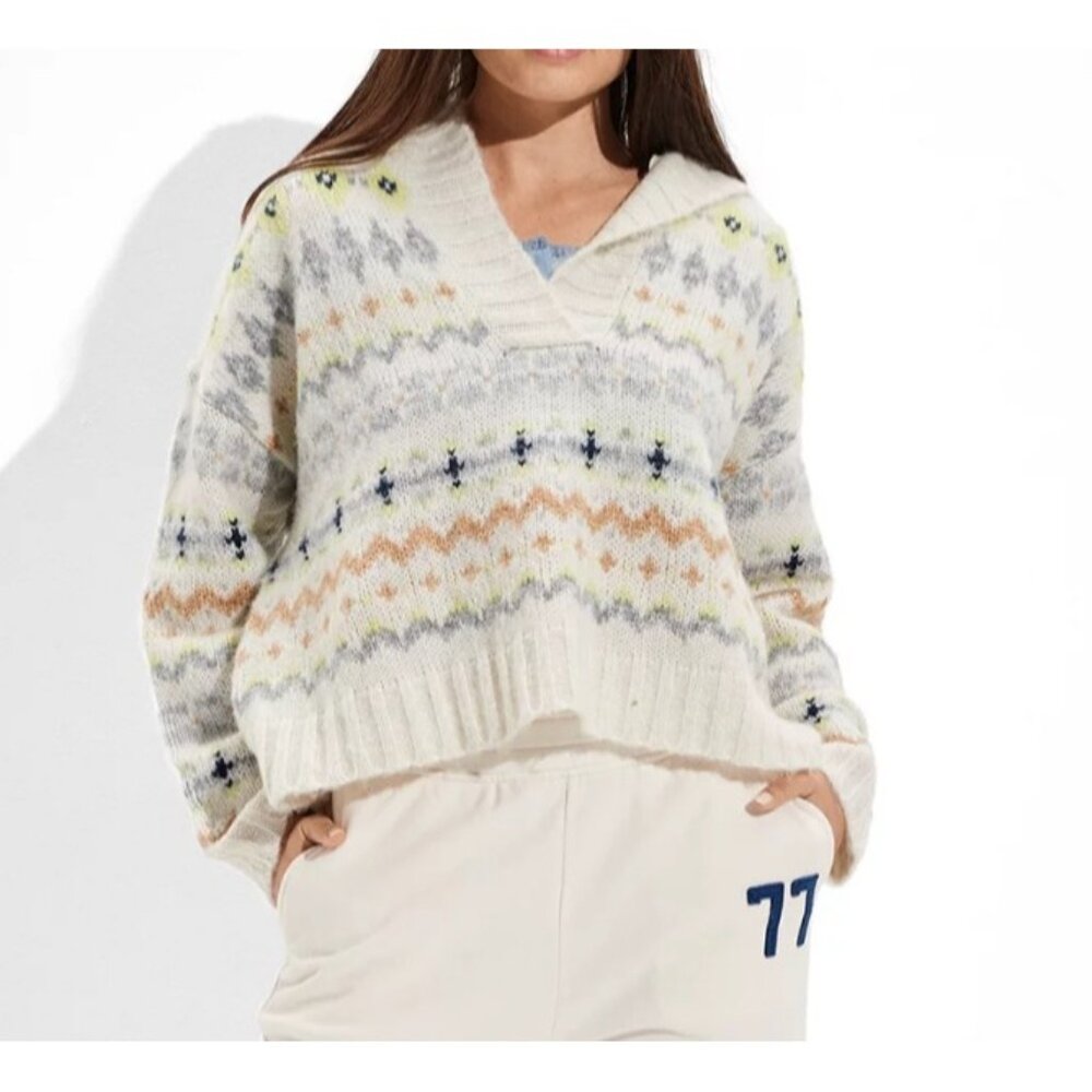 American Eagle soft & cozy Fair Isle wool blend hooded sweater oversized sz M